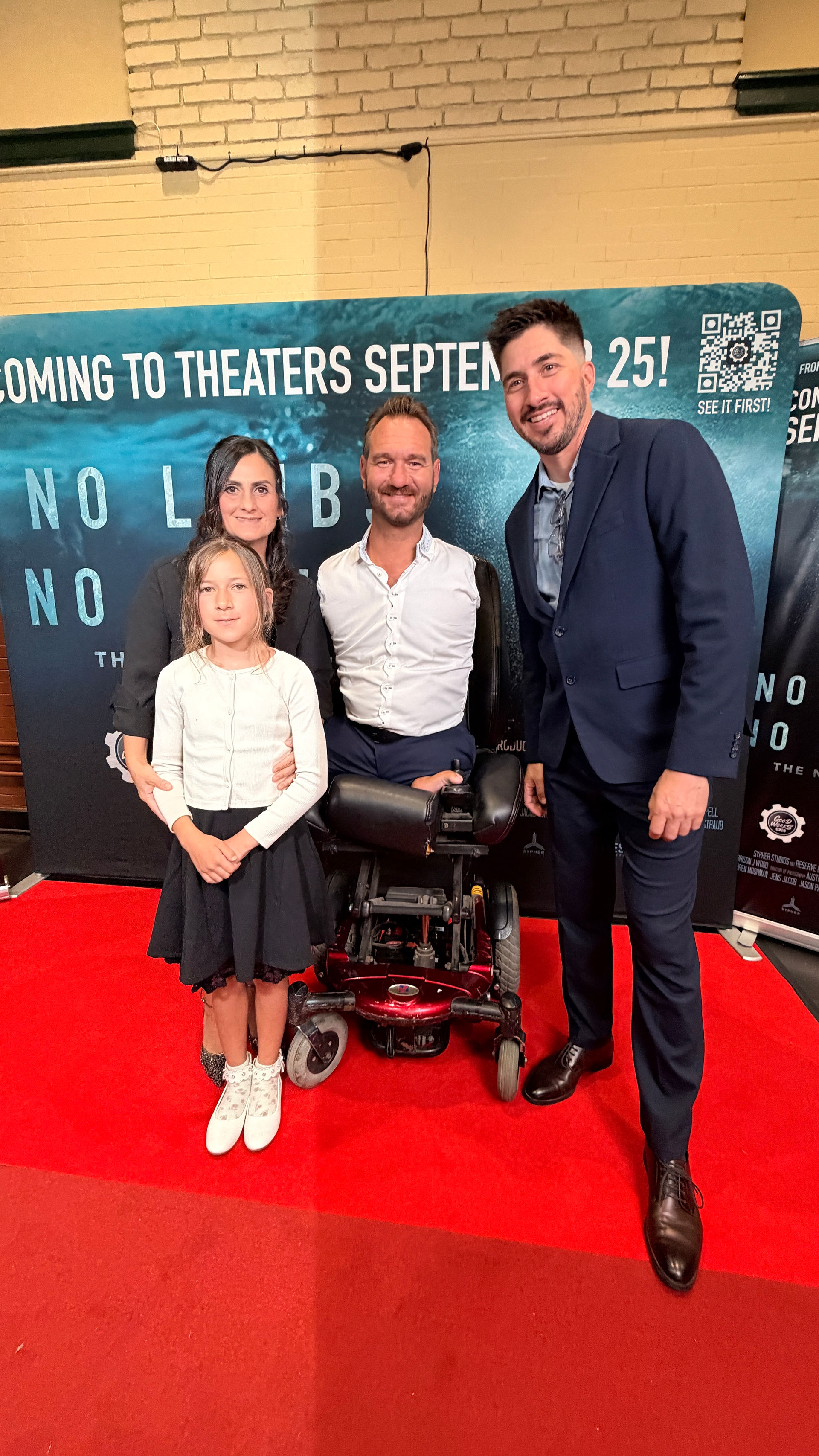Nick Vujicic with guests at the No Limbs, No Limits premiere in Pomona